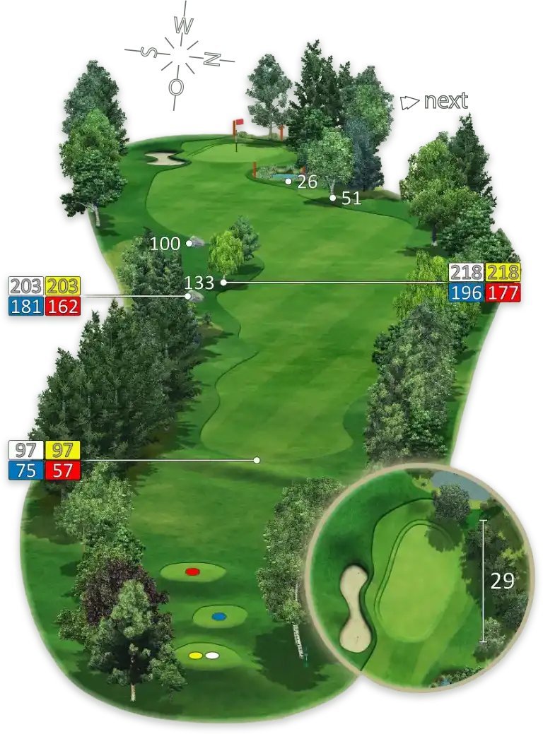 Illustration samt Meterangaben von Loch 13